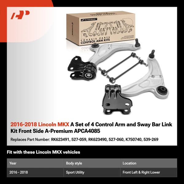 2016-2018 Lincoln MKX A Set of 4 Control Arm and Sway Bar Link Kit Front Side A-Premium APCA4085