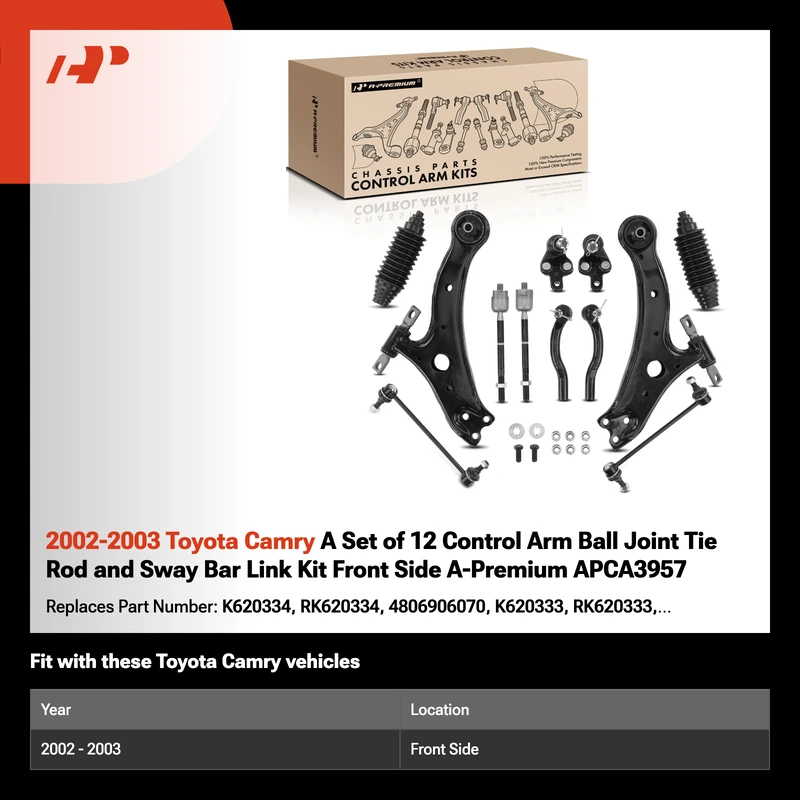2002-2003 Toyota Camry A Set of 12 Control Arm Ball Joint Tie Rod and Sway Bar Link Kit Front Side A-Premium APCA3957