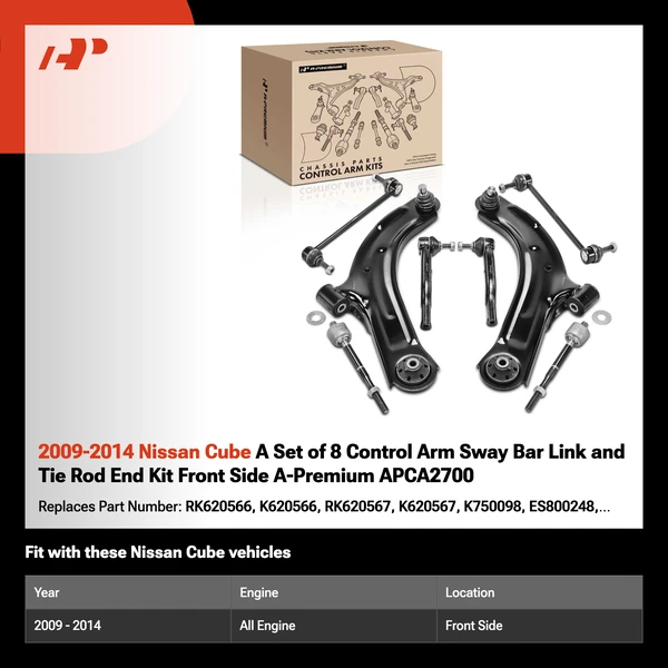 2009-2014 Nissan Cube A Set of 8 Control Arm Sway Bar Link and Tie Rod End Kit Front Side A-Premium APCA2700