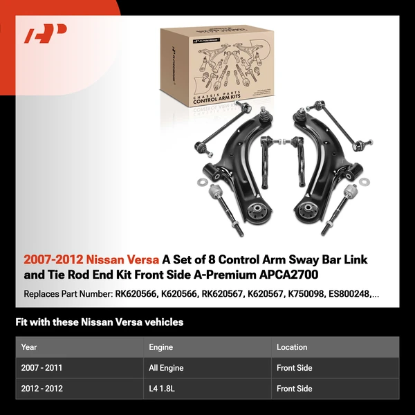 2007-2012 Nissan Versa A Set of 8 Control Arm Sway Bar Link and Tie Rod End Kit Front Side A-Premium APCA2700