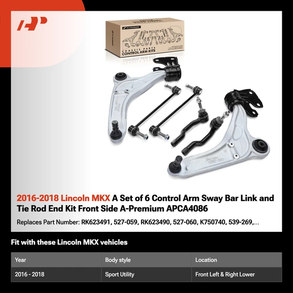 2016-2018 Lincoln MKX A Set of 6 Control Arm Sway Bar Link and Tie Rod End Kit Front Side A-Premium APCA4086