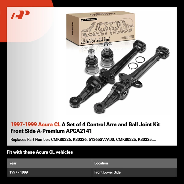 1997-1999 Acura CL A Set of 4 Control Arm and Ball Joint Kit Front Side A-Premium APCA2141