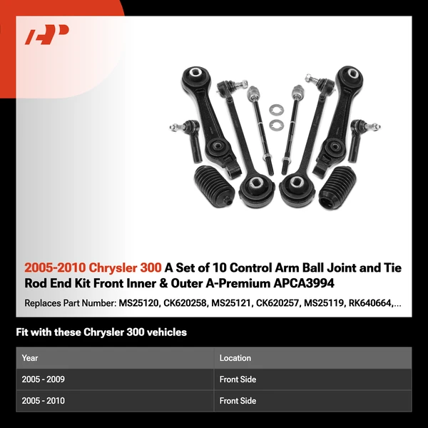 2005-2010 Chrysler 300 A Set of 10 Control Arm Ball Joint and Tie Rod End Kit Front Inner & Outer A-Premium APCA3994