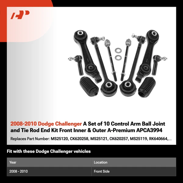 2008-2010 Dodge Challenger A Set of 10 Control Arm Ball Joint and Tie Rod End Kit Front Inner & Outer A-Premium APCA3994