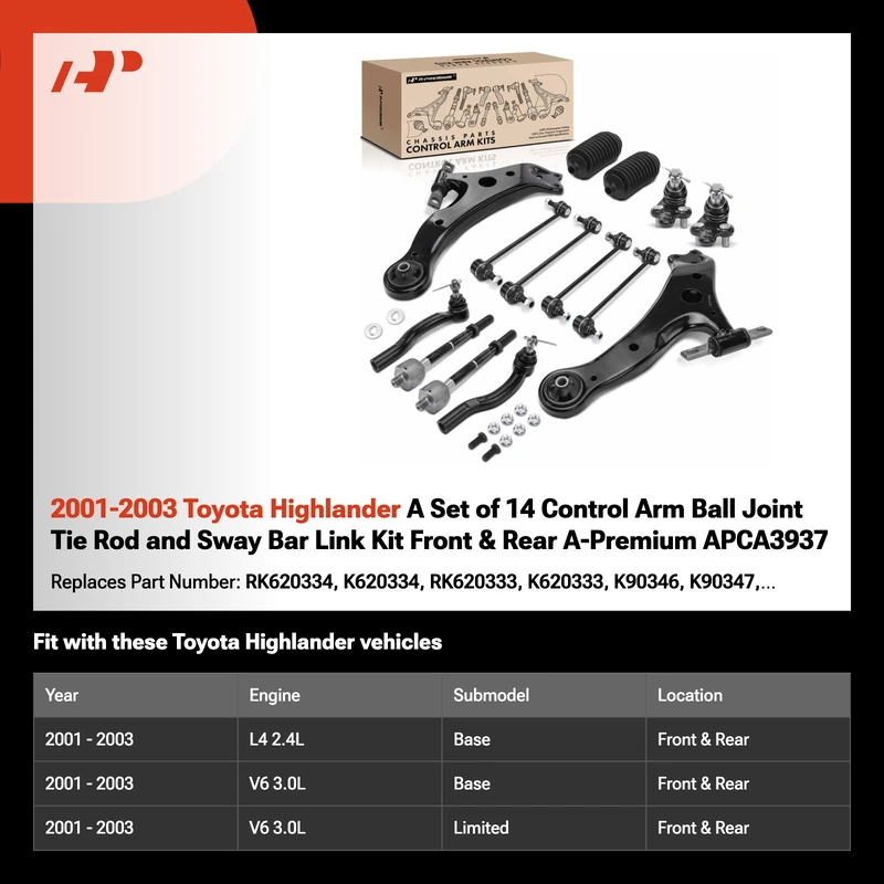 2001-2003 Toyota Highlander A Set of 14 Control Arm Ball Joint Tie Rod and Sway Bar Link Kit Front & Rear A-Premium APCA3937