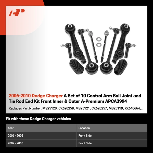2006-2010 Dodge Charger A Set of 10 Control Arm Ball Joint and Tie Rod End Kit Front Inner & Outer A-Premium APCA3994