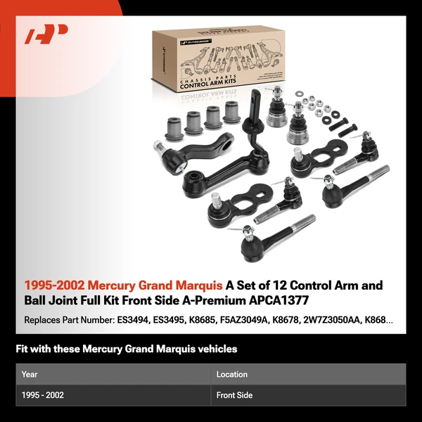 1995-2002 Mercury Grand Marquis A Set of 12 Control Arm and Ball Joint Full Kit Front Side A-Premium APCA1377