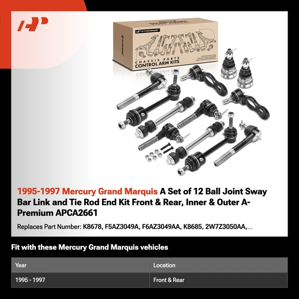 1995-1997 Mercury Grand Marquis A Set of 12 Ball Joint Sway Bar Link and Tie Rod End Kit Front & Rear, Inner & Outer A-Premium APCA2661