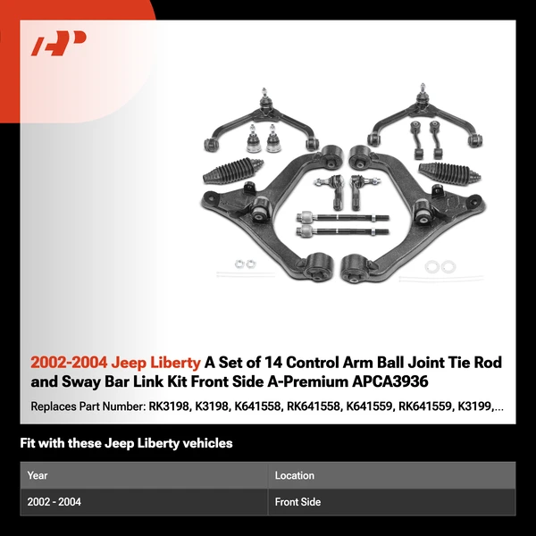 2002-2004 Jeep Liberty A Set of 14 Control Arm Ball Joint Tie Rod and Sway Bar Link Kit Front Side A-Premium APCA3936
