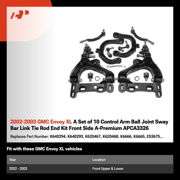 2002-2003 GMC Envoy XL A Set of 10 Control Arm Ball Joint Sway Bar Link Tie Rod End Kit Front Side A-Premium APCA3326