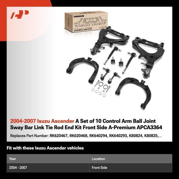 2004-2007 Isuzu Ascender A Set of 10 Control Arm Ball Joint Sway Bar Link Tie Rod End Kit Front Side A-Premium APCA3364
