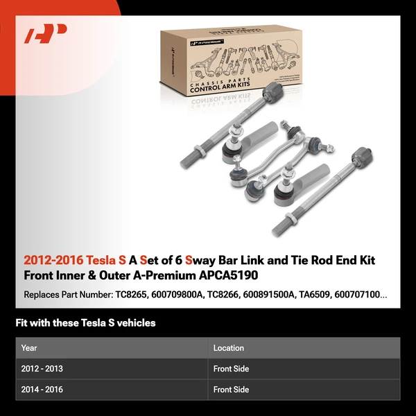 2012-2016 Tesla S A Set of 6 Sway Bar Link and Tie Rod End Kit Front Inner & Outer A-Premium APCA5190