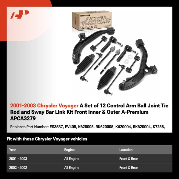 2001-2003 Chrysler Voyager A Set of 12 Control Arm Ball Joint Tie Rod and Sway Bar Link Kit Front Inner & Outer A-Premium APCA3279