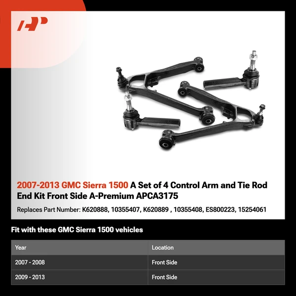2007-2013 GMC Sierra 1500 A Set of 4 Control Arm and Tie Rod End Kit Front Side A-Premium APCA3175