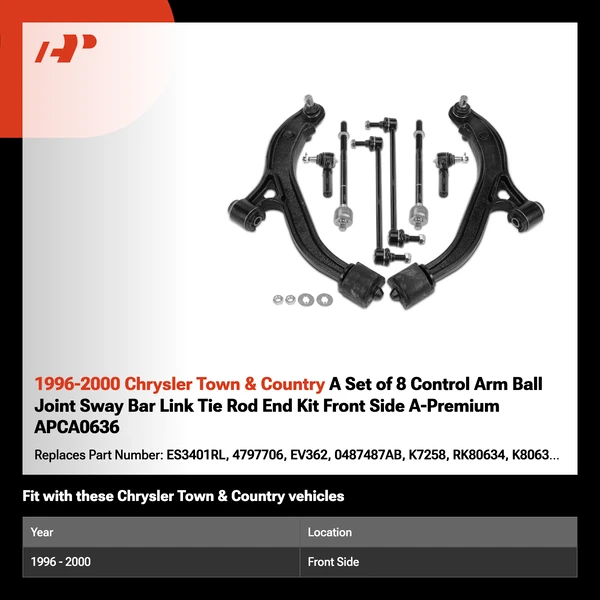1996-2000 Chrysler Town & Country A Set of 8 Control Arm Ball Joint Sway Bar Link Tie Rod End Kit Front Side A-Premium APCA0636