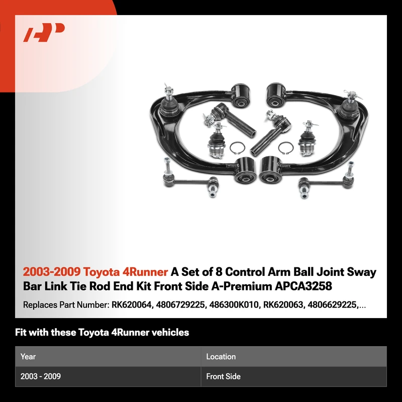 2003-2009 Toyota 4Runner A Set of 8 Control Arm Ball Joint Sway Bar Link Tie Rod End Kit Front Side A-Premium APCA3258