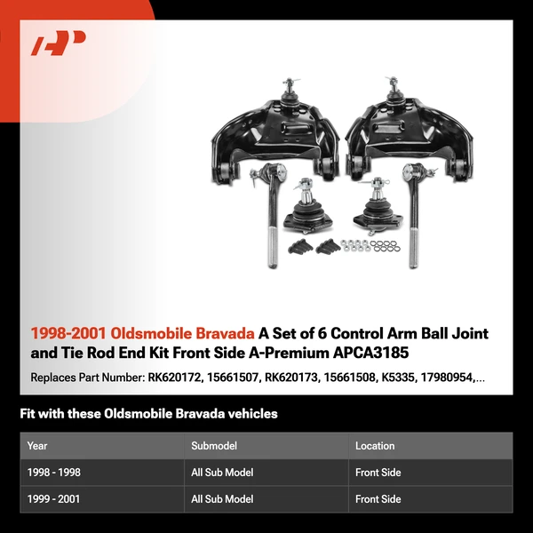 1998-2001 Oldsmobile Bravada A Set of 6 Control Arm Ball Joint and Tie Rod End Kit Front Side A-Premium APCA3185