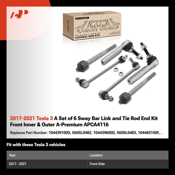 2017-2021 Tesla 3 A Set of 6 Sway Bar Link and Tie Rod End Kit Front Inner & Outer A-Premium APCA4116