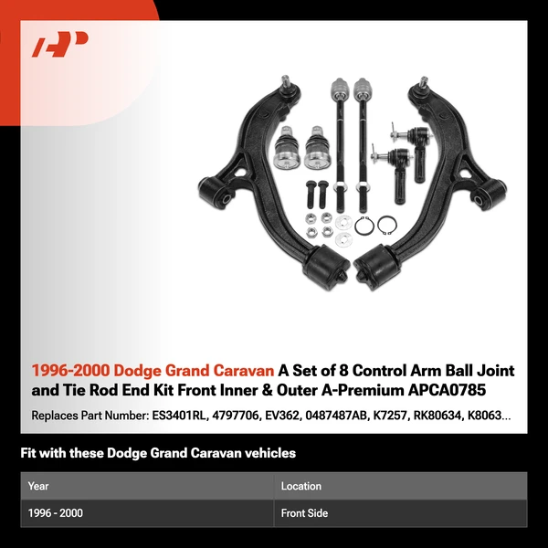 1996-2000 Dodge Grand Caravan A Set of 8 Control Arm Ball Joint and Tie Rod End Kit Front Inner & Outer A-Premium APCA0785