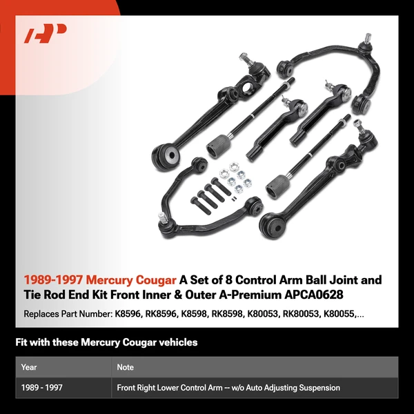 1989-1997 Mercury Cougar A Set of 8 Control Arm Ball Joint and Tie Rod End Kit Front Inner & Outer A-Premium APCA0628