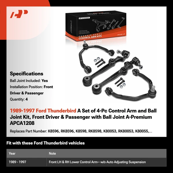 1989-1997 Ford Thunderbird 4-Pc Control Arm and Ball Joint Kit, Front Driver & Passenger with Ball Joint A-Premium APCA1208