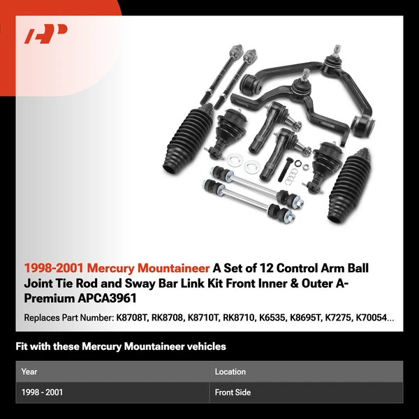 1998-2001 Mercury Mountaineer A Set of 12 Control Arm Ball Joint Tie Rod and Sway Bar Link Kit Front Inner & Outer A-Premium APCA3961