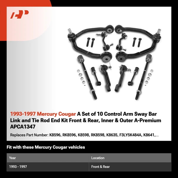 1993-1997 Mercury Cougar A Set of 10 Control Arm Sway Bar Link and Tie Rod End Kit Front & Rear, Inner & Outer A-Premium APCA1347