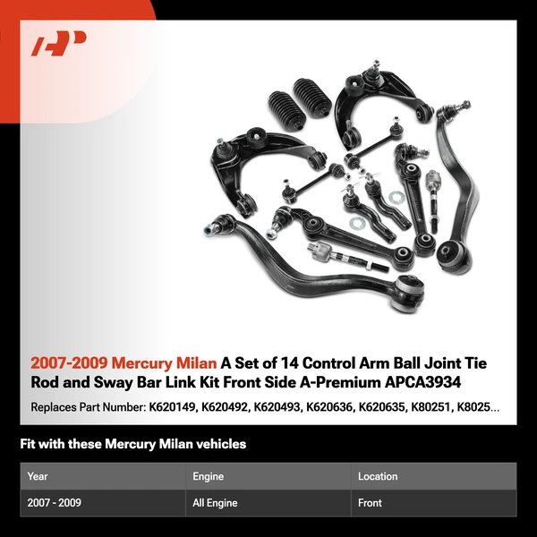 2007-2009 Mercury Milan A Set of 14 Control Arm Ball Joint Tie Rod and Sway Bar Link Kit Front Side A-Premium APCA3934