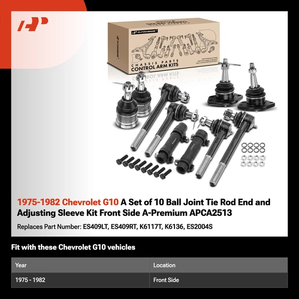 1975-1982 Chevrolet G10 A Set of 10 Ball Joint Tie Rod End and Adjusting Sleeve Kit Front Side A-Premium APCA2513