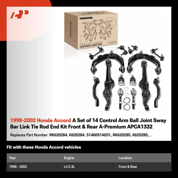 1998-2002 Honda Accord A Set of 14 Control Arm Ball Joint Sway Bar Link Tie Rod End Kit Front & Rear A-Premium APCA1332