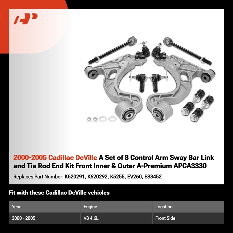 2000-2005 Cadillac DeVille A Set of 8 Control Arm Sway Bar Link and Tie Rod End Kit Front Inner & Outer A-Premium APCA3330