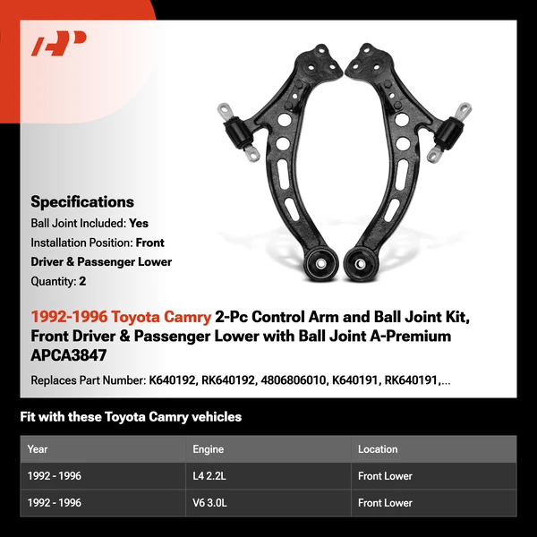 1992-1996 Toyota Camry 2-Pc Control Arm and Ball Joint Kit, Front Driver & Passenger Lower with Ball Joint A-Premium APCA3847