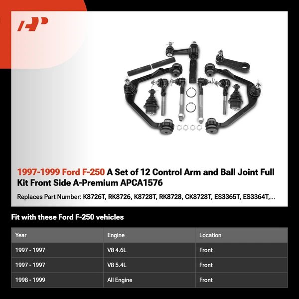 1997-1999 Ford F-250 A Set of 12 Control Arm and Ball Joint Full Kit Front Side A-Premium APCA1576