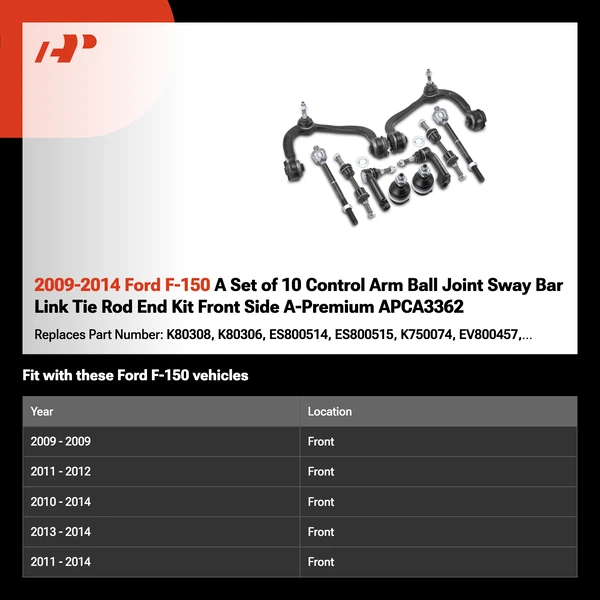 2009-2014 Ford F-150 A Set of 10 Control Arm Ball Joint Sway Bar Link Tie Rod End Kit Front Side A-Premium APCA3362