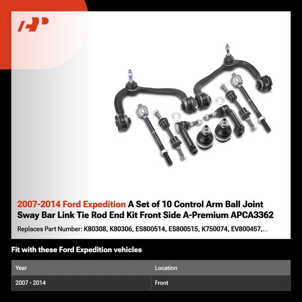 2007-2014 Ford Expedition A Set of 10 Control Arm Ball Joint Sway Bar Link Tie Rod End Kit Front Side A-Premium APCA3362