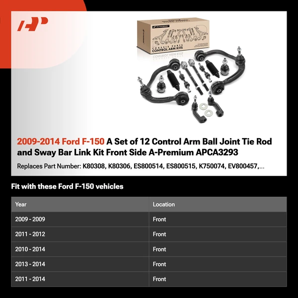 2009-2014 Ford F-150 A Set of 12 Control Arm Ball Joint Tie Rod and Sway Bar Link Kit Front Side A-Premium APCA3293