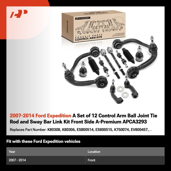 2007-2014 Ford Expedition A Set of 12 Control Arm Ball Joint Tie Rod and Sway Bar Link Kit Front Side A-Premium APCA3293