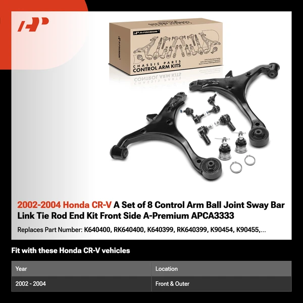 2002-2004 Honda CR-V A Set of 8 Control Arm Ball Joint Sway Bar Link Tie Rod End Kit Front Side A-Premium APCA3333