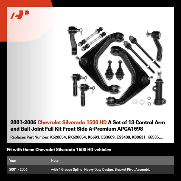 2001-2006 Chevrolet Silverado 1500 HD A Set of 13 Control Arm and Ball Joint Full Kit Front Side A-Premium APCA1598