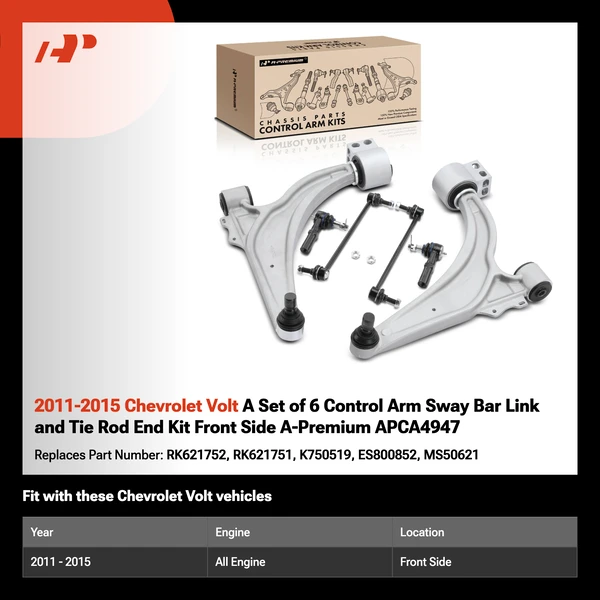 2011-2015 Chevrolet Volt A Set of 6 Control Arm Sway Bar Link and Tie Rod End Kit Front Side A-Premium APCA4947