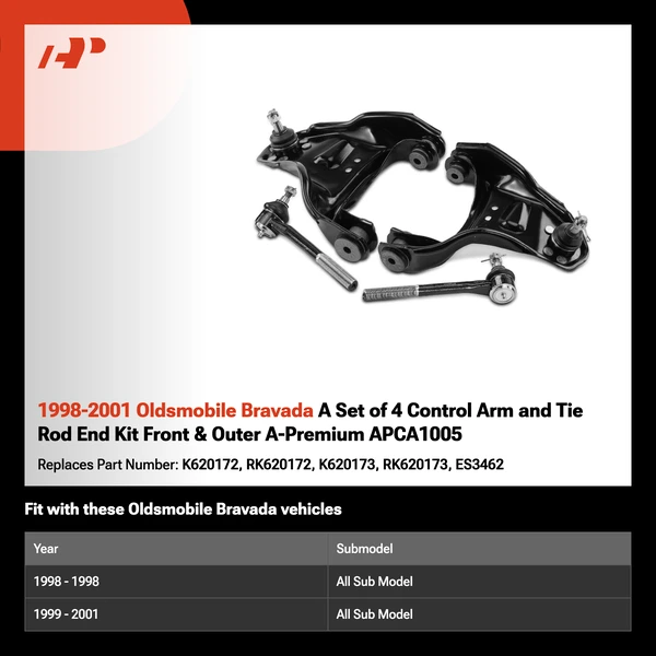 1998-2001 Oldsmobile Bravada A Set of 4 Control Arm and Tie Rod End Kit Front & Outer A-Premium APCA1005