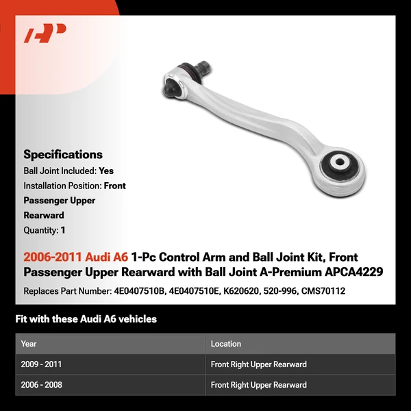 2006-2011 Audi A6 1-Pc Control Arm and Ball Joint Kit, Front Passenger Upper Rearward with Ball Joint A-Premium APCA4229