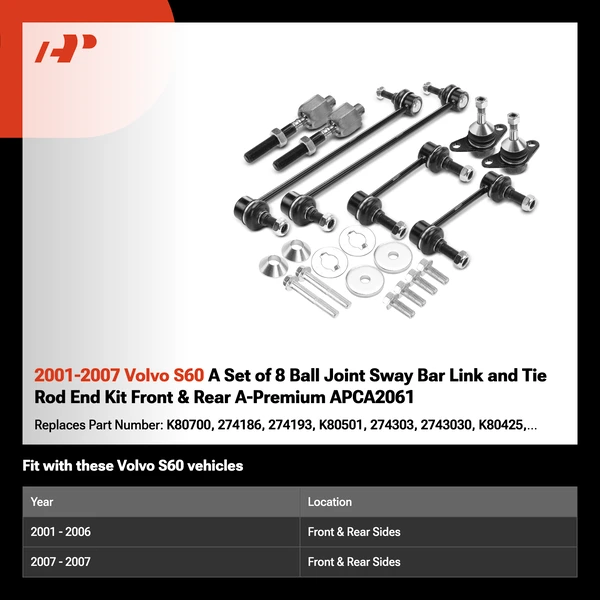 2001-2007 Volvo S60 A Set of 8 Ball Joint Sway Bar Link and Tie Rod End Kit Front & Rear A-Premium APCA2061