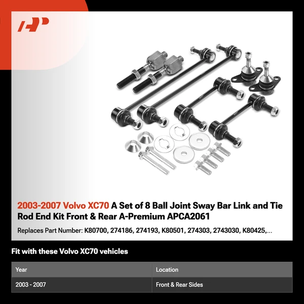 2003-2007 Volvo XC70 A Set of 8 Ball Joint Sway Bar Link and Tie Rod End Kit Front & Rear A-Premium APCA2061