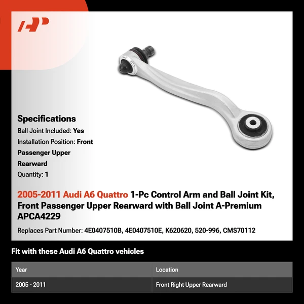 2005-2011 Audi A6 Quattro 1-Pc Control Arm and Ball Joint Kit, Front Passenger Upper Rearward with Ball Joint A-Premium APCA4229