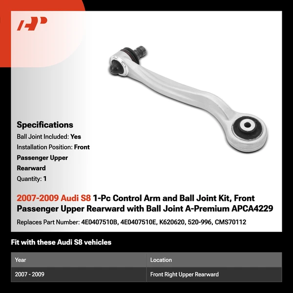 2007-2009 Audi S8 1-Pc Control Arm and Ball Joint Kit, Front Passenger Upper Rearward with Ball Joint A-Premium APCA4229