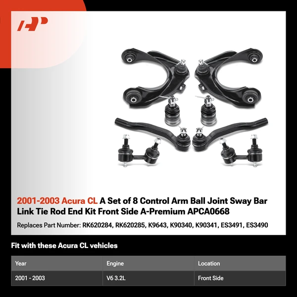 2001-2003 Acura CL A Set of 8 Control Arm Ball Joint Sway Bar Link Tie Rod End Kit Front Side A-Premium APCA0668