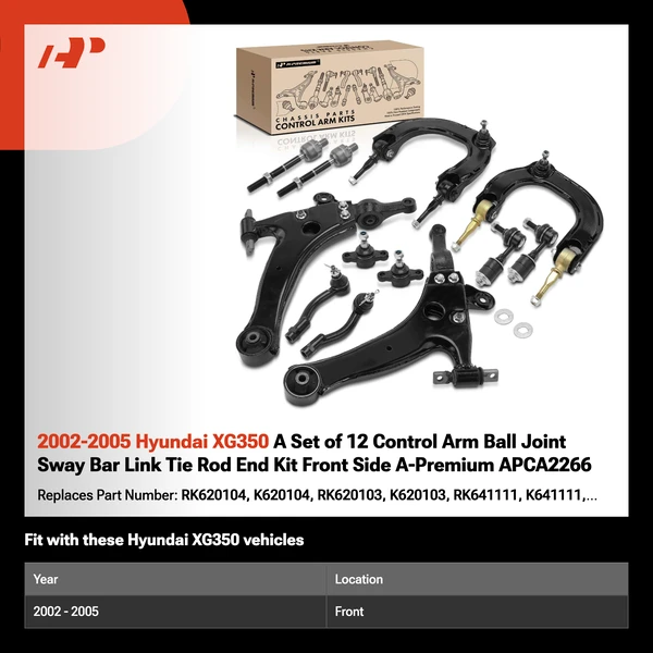 2002-2005 Hyundai XG350 A Set of 12 Control Arm Ball Joint Sway Bar Link Tie Rod End Kit Front Side A-Premium APCA2266