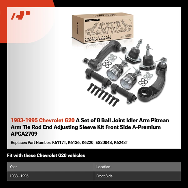 1983-1995 Chevrolet G20 A Set of 8 Ball Joint Idler Arm Pitman Arm Tie Rod End Adjusting Sleeve Kit Front Side A-Premium APCA2709
