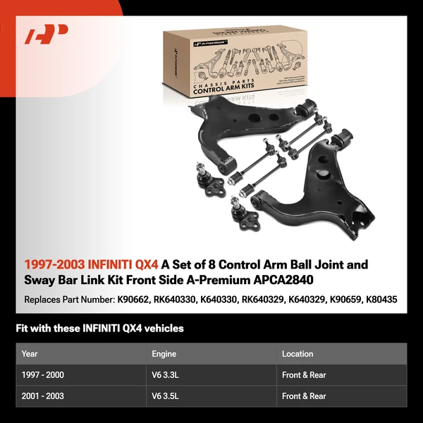 1997-2003 INFINITI QX4 A Set of 8 Control Arm Ball Joint and Sway Bar Link Kit Front Side A-Premium APCA2840